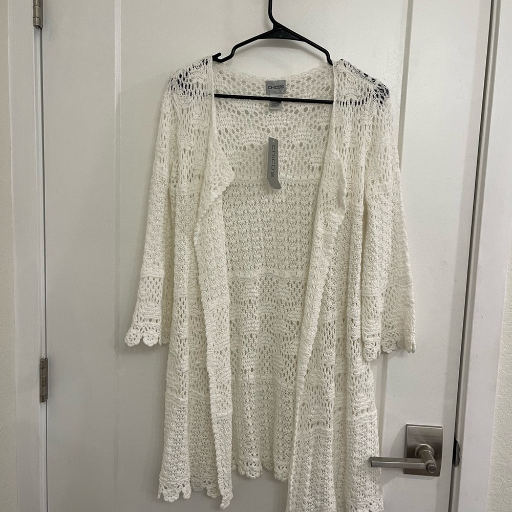 Vintage NWT Cottagecore Boho Chico's Cream Crochet Long Open-Front Cardigan